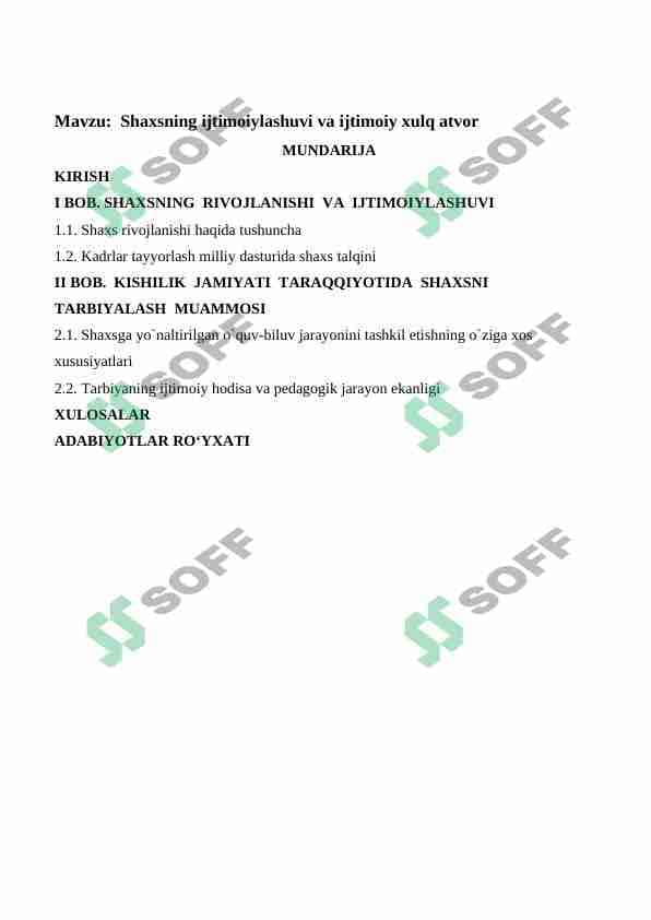 Shaxsning ijtimoiylashuvi va ijtimoiy xulq atvor kurs ishi