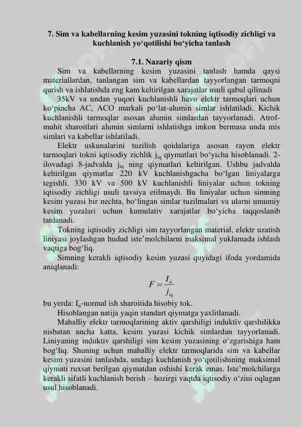 Sim vа kаbеllаrning kеsim yuzаsini tokning iqtisodiy zichligi va kuchlanish yo‘qotilishi bo‘yicha tаnlаsh