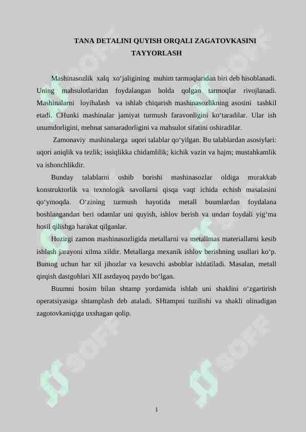 TANA DETALINI QUYISH ORQALI ZAGATOVKASINI TAYYORLASH