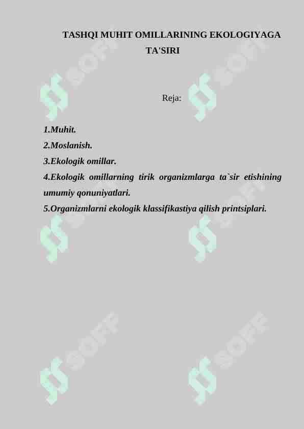 TASHQI MUHIT OMILLARINING EKOLOGIYAGA TA'SIRI