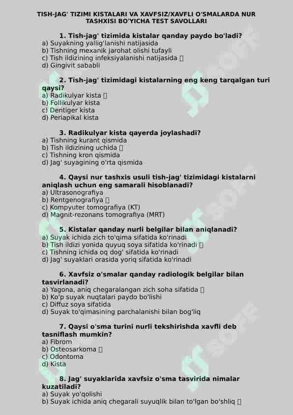 TISH-JAG' TIZIMI KISTALARI VA XAVFSIZXAVFLI O'SMALAR