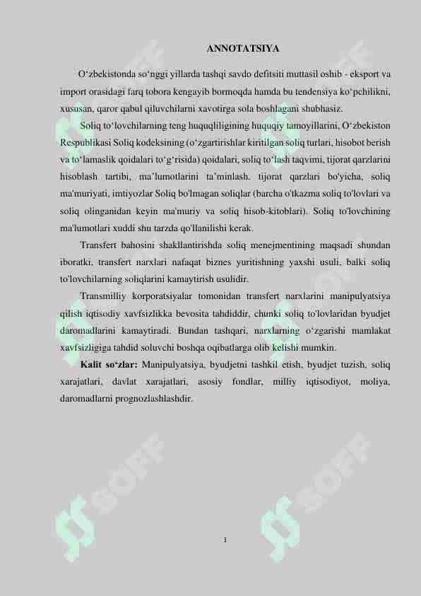 TRANSFERT NARXLARINI ANIQLASHDA SOLIQ NAZORATINI TA’MINLASH YO‘LLARI