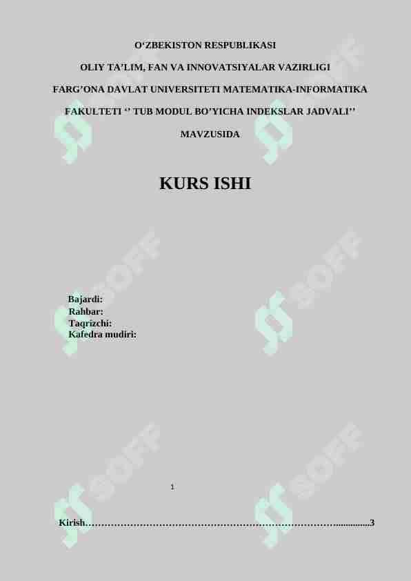 TUB MODUL BO’YICHA INDEKSLAR JADVALI