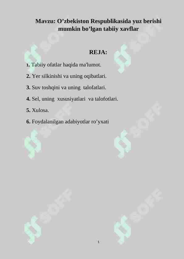 O’zbekiston Respublikasida yuz berishi mumkin bo’lgan tabiiy xavflar