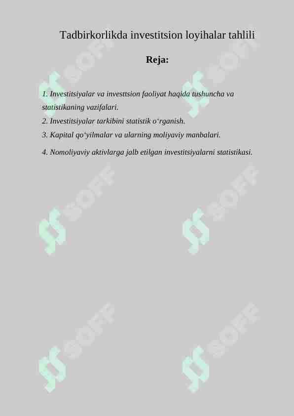 Tadbirkorlikda investitsion loyihalar tahlili