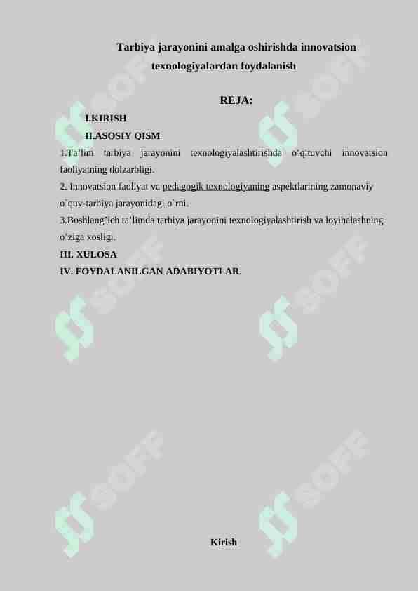 Tarbiya jarayonini amalga oshirishda innovatsion texnologiyalardan foydalanish