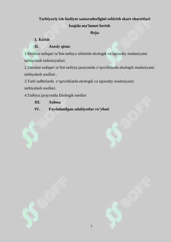 Tarbiyaviy ish-faoliyat samaradorligini oshirish shart-sharoitlari haqida ma’lumot berish