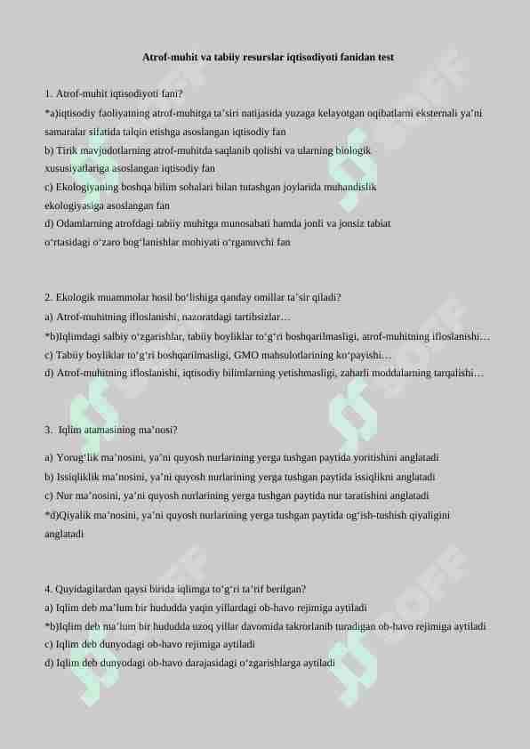 Atrof-muhit va tabiiy resurslar iqtisodiyoti fanidan 150 talik test, javoblari bilan