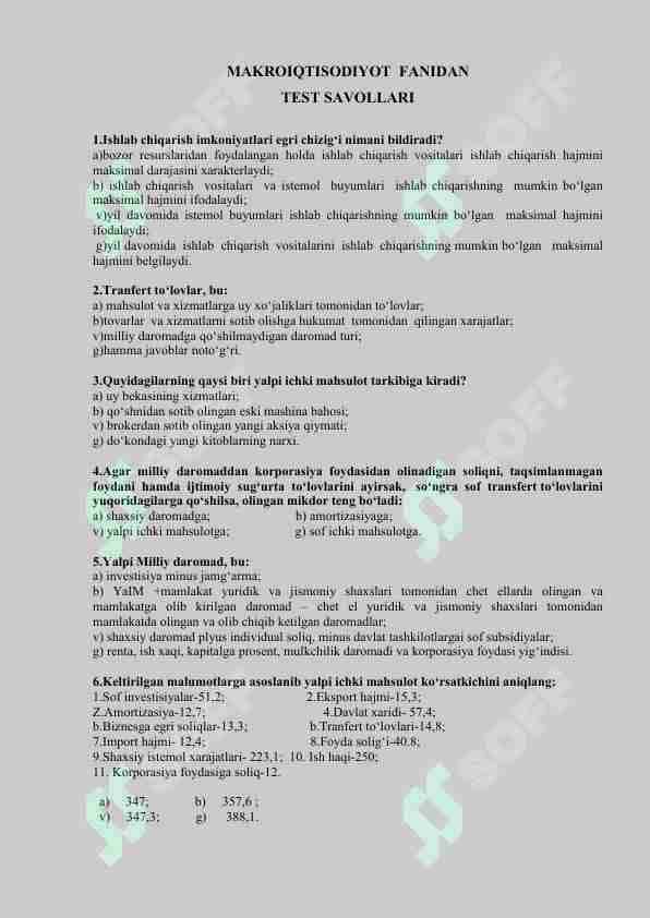 MAKROIQTISODIYOT fanidan 100 talik test javoblari bilan