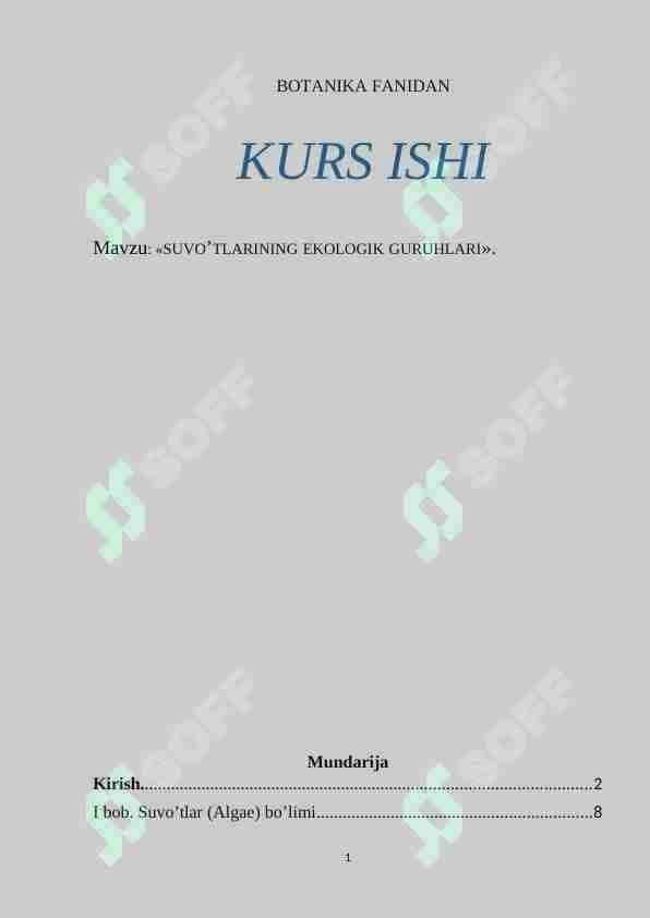 SUVO’TLARINING EKOLOGIK GURUHLARI