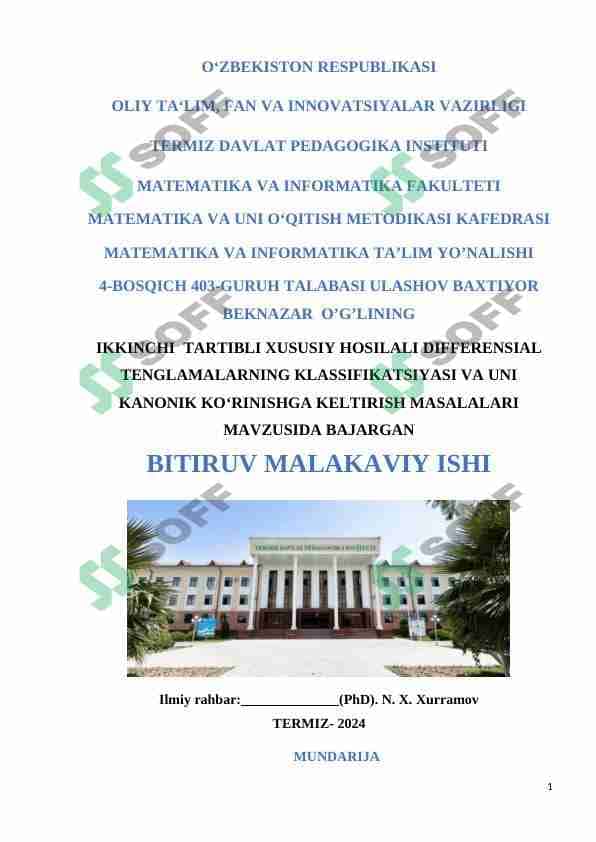 IKKINCHI TARTIBLI XUSUSIY HOSILALI DIFFERENSIAL TENGLAMALARNING KLASSIFIKATSIYASI VA UNI KANONIK KO‘RINISHGA KELTIRISH MASALALARI