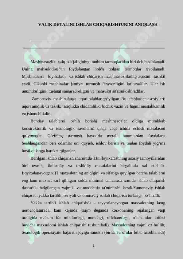 VALIK DETALINI ISHLAB CHIQARISHTURINI ANIQLASH
