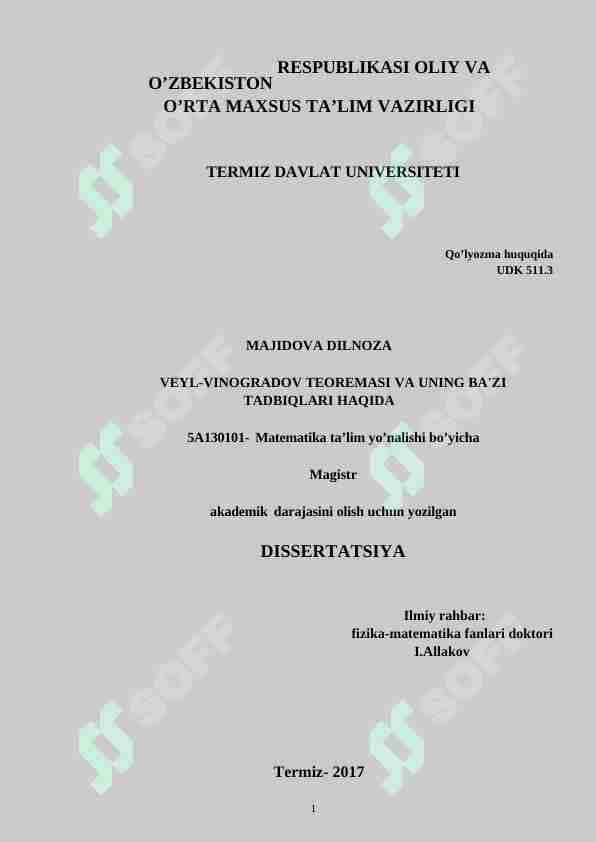 VEYL-VINOGRADOV TЕORЕMASI VA UNING BA'ZI TADBIQLARI HAQIDA