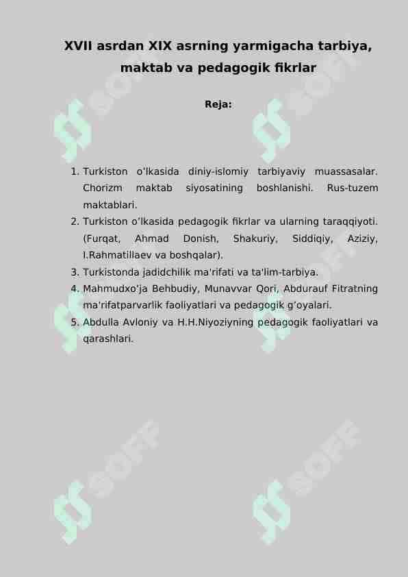 XVII asrdan XIX asrning yarmigacha tarbiya, maktab va pedagogik fikrlar