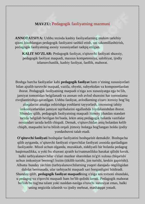Pedagogik faoliyatning mazmuni