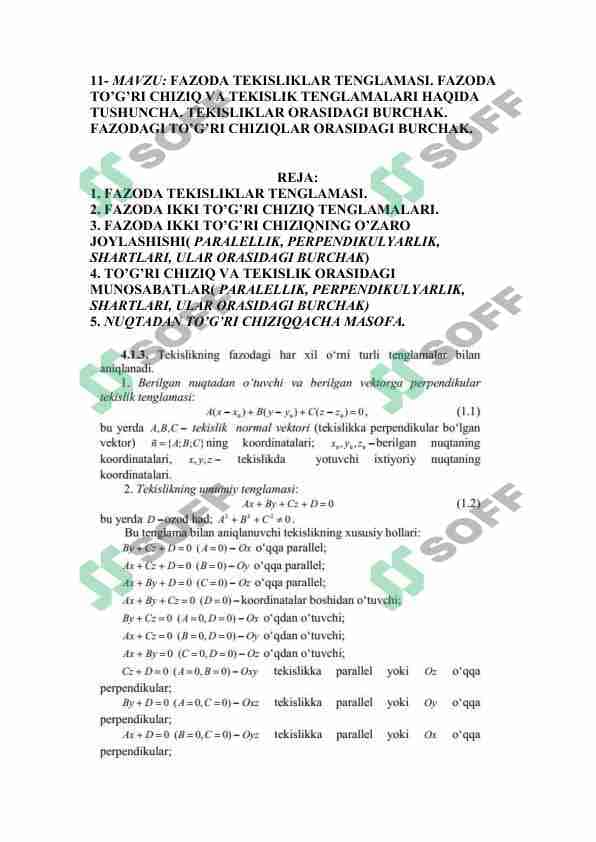 FAZODA TEKISLIKLAR TENGLAMASI. FAZODA TO’G’RI CHIZIQ VA TEKISLIK TENGLAMALARI HAQIDA TUSHUNCHA. TEKISLIKLAR ORASIDAGI BURCHAK. FAZODAGI TO’G’RI CHIZIQLAR ORASIDAGI BURCHAK.