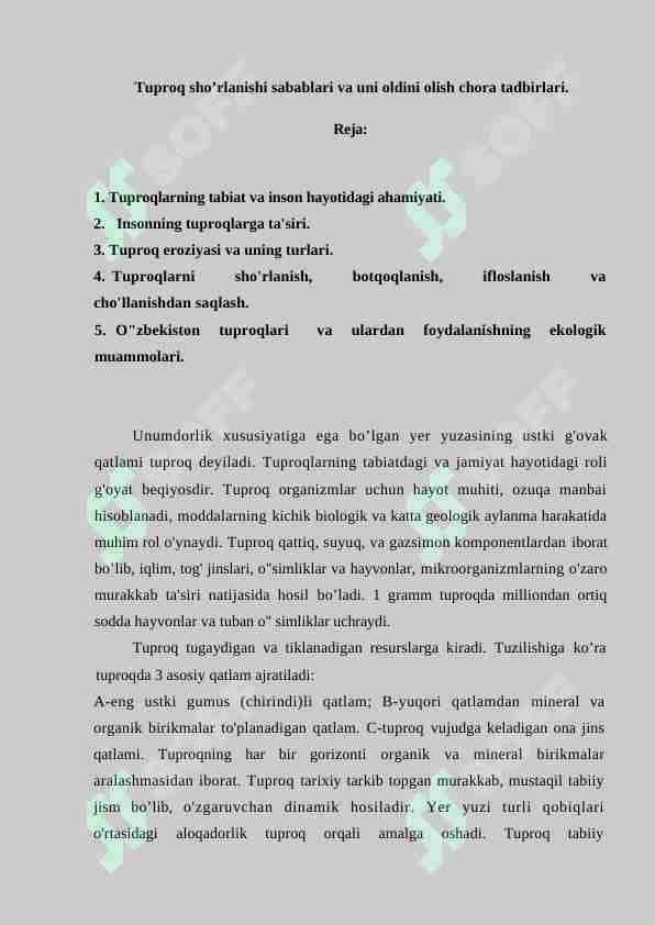 Tuproq sho’rlanishi sabablari va uni oldini olish chora tadbirlari.