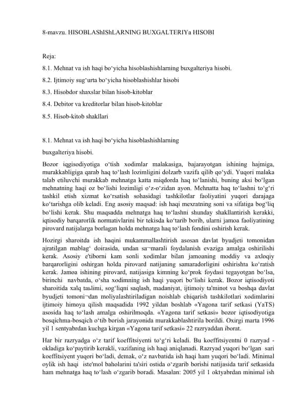 Mehnat va ish haqi bo‘yicha hisoblashishlarning buxgalteriya hisobi
