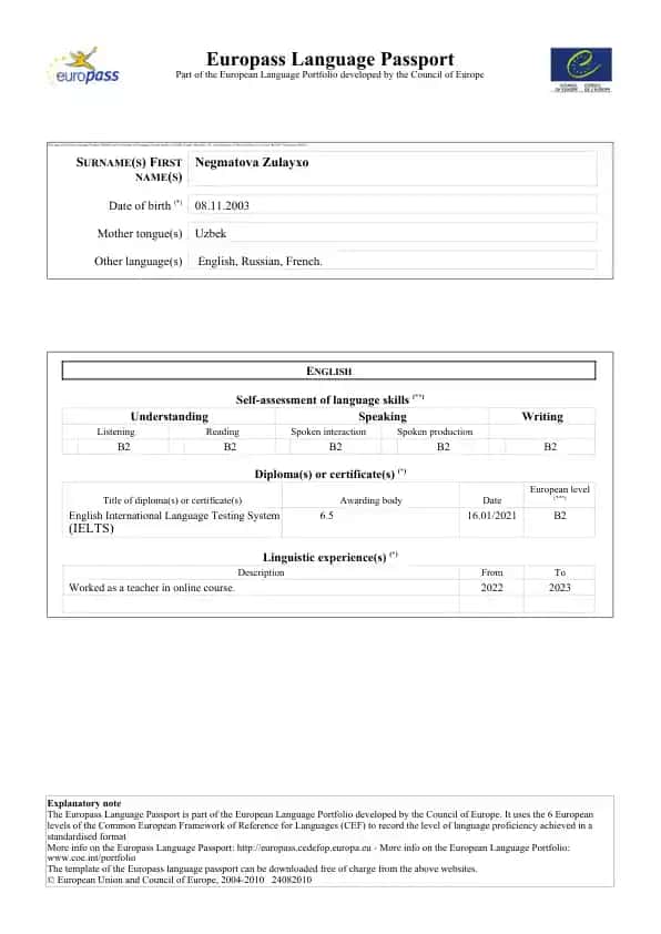 Europass Language Passport