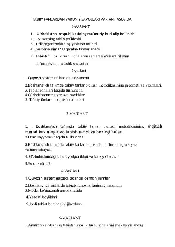 Tabiiy fanlardan yakuniy savollari variant asosida