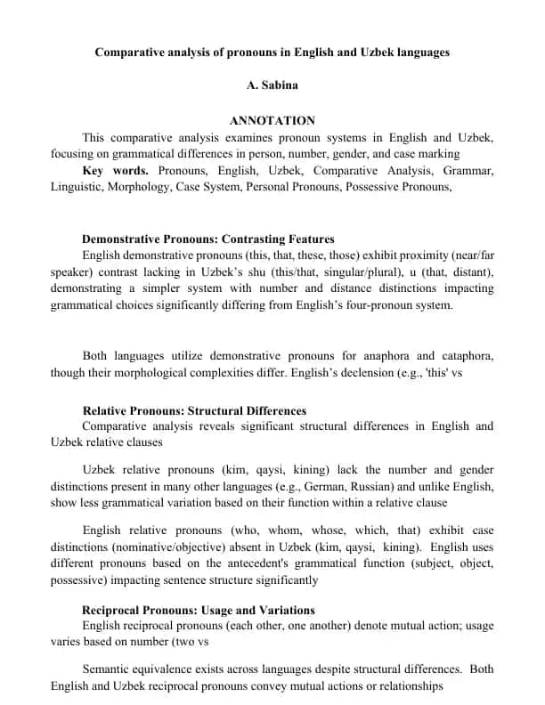 Comparative Analysis of Pronouns in English and Uzbek Languages