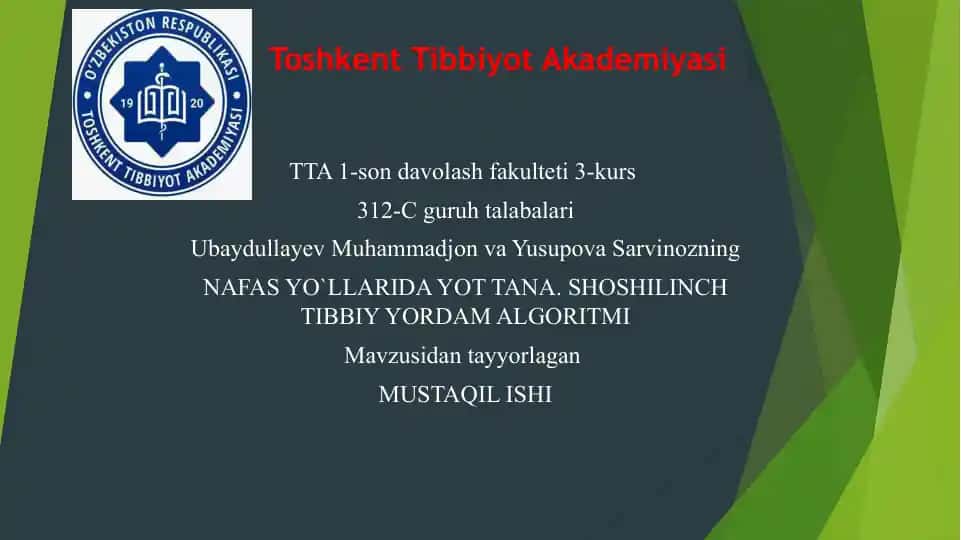 NAFASYO`LLARIDAYOTTANA.SHOSHILINCH TIBBIY YORDAM ALGORITMI