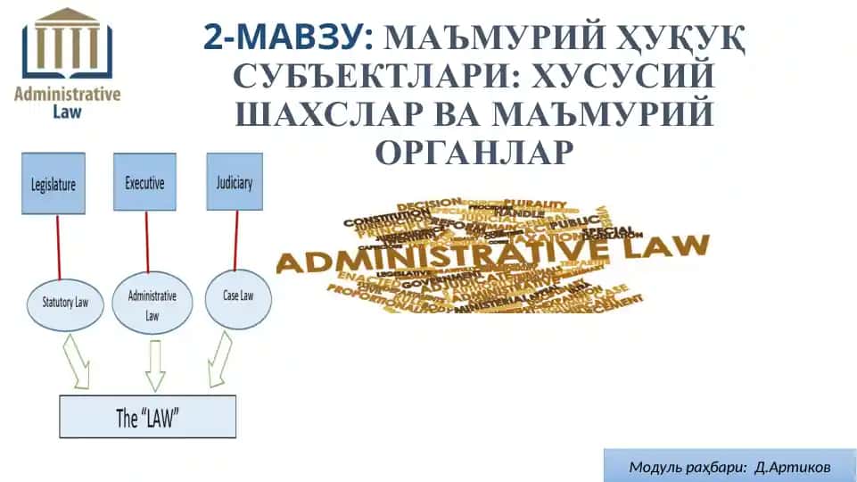 Ma'muriy huquq sub'ektlari: xususiy shahslar va ma'muriy organlar