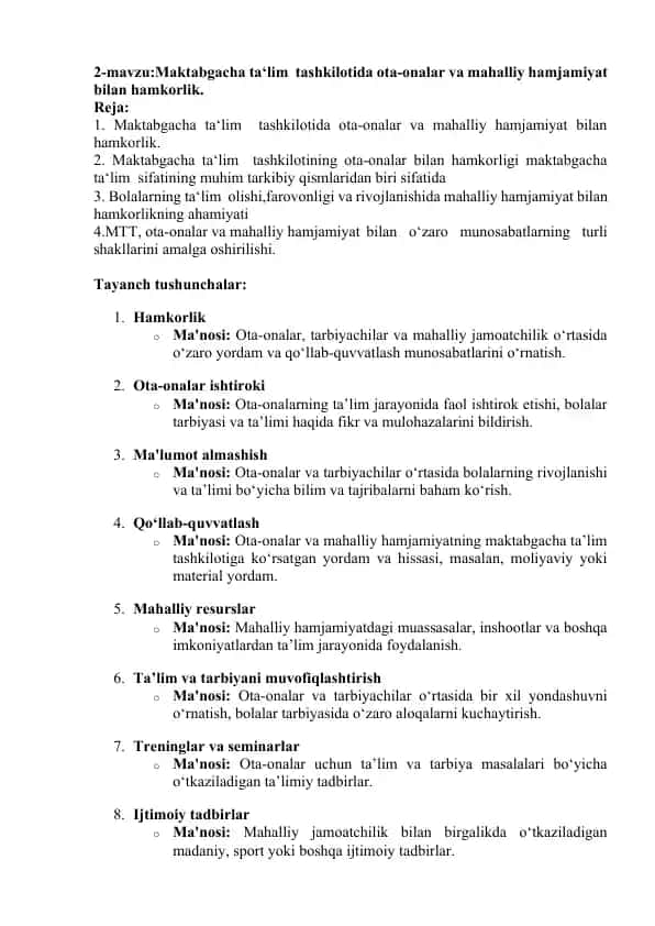 Maktabgacha ta‘lim tashkilotida ota-onalar va mahalliy hamjamiyat bilan hamkorlik.