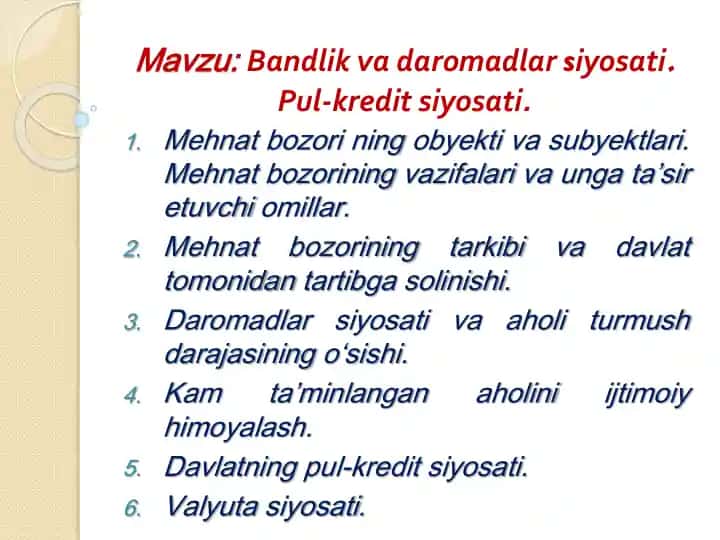 Bandlik va daromadlar siyosati
