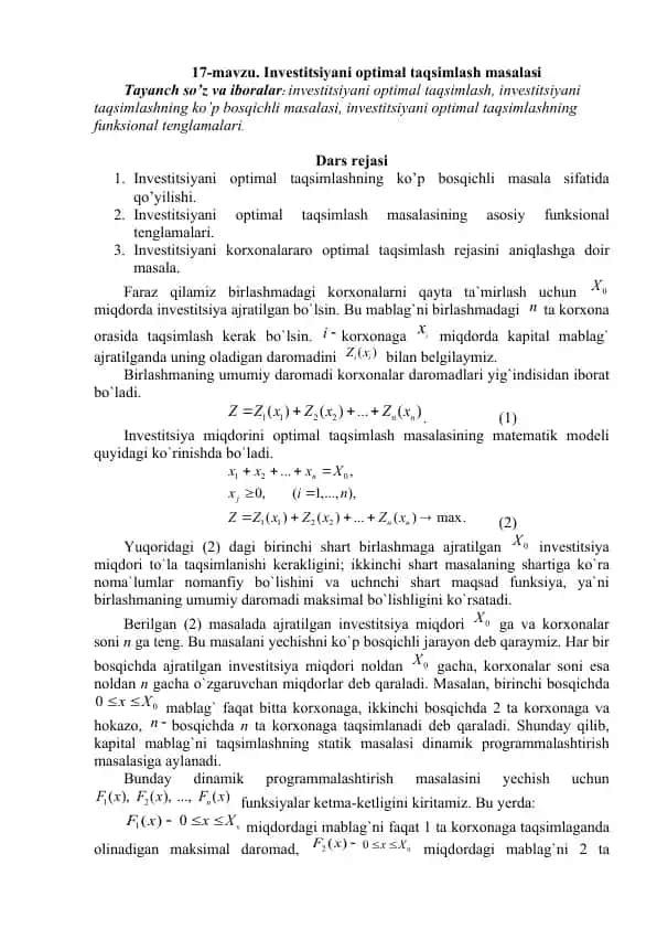 Investitsiyani optimal taqsimlash masalasi
