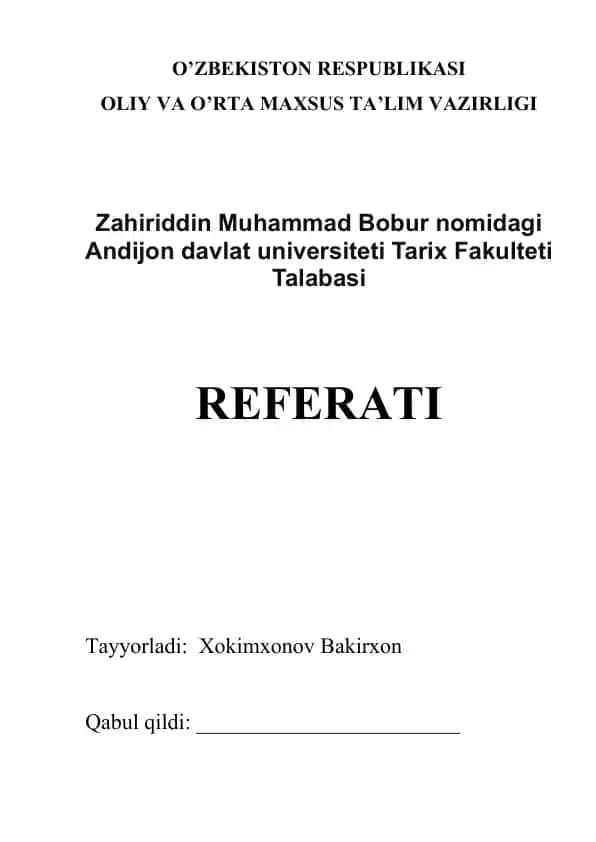 Andijon davlat universiteti Tarix Fakulteti talabasi Referati