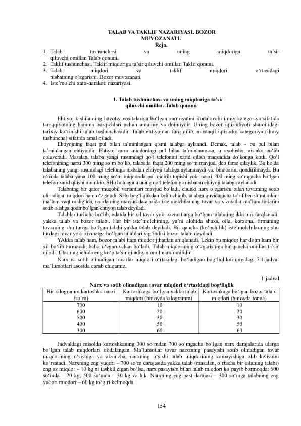 TALAB VA TAKLIF NAZARIYASI. BOZOR MUVOZANATI