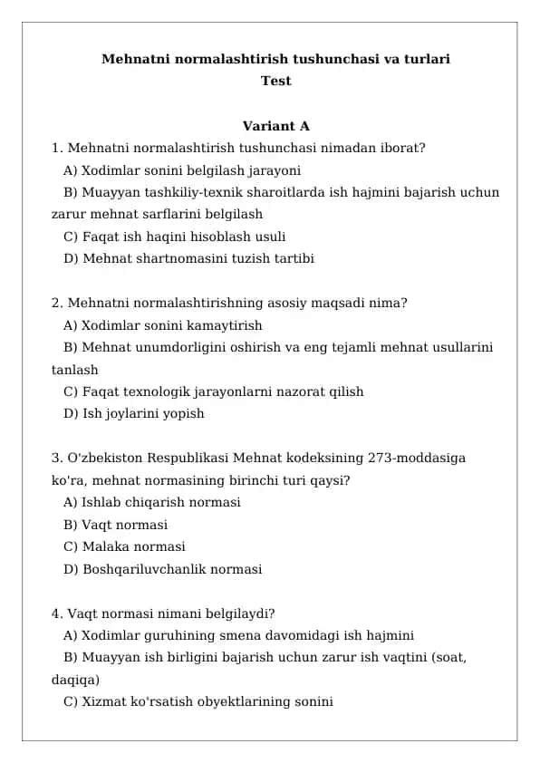 Mehnatni normalashtirish tushunchasi va turlari