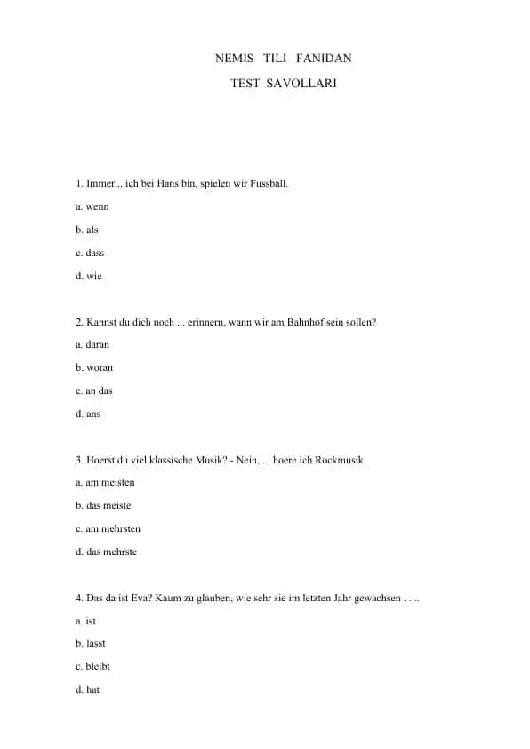 NEMIS TILI FANIDAN TEST SAVOLLARI