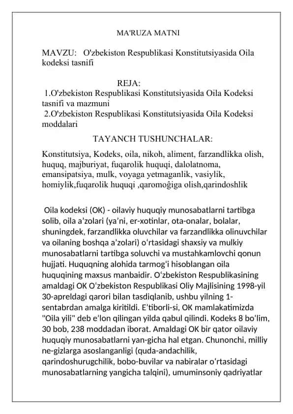 O'zbekiston Respublikasi Konstitutsiyasida Oila Kodeksi
