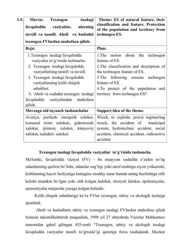 Texnogen tusdagi favqulodda vaziyatlar, ularning tavsifi va tasnifi.