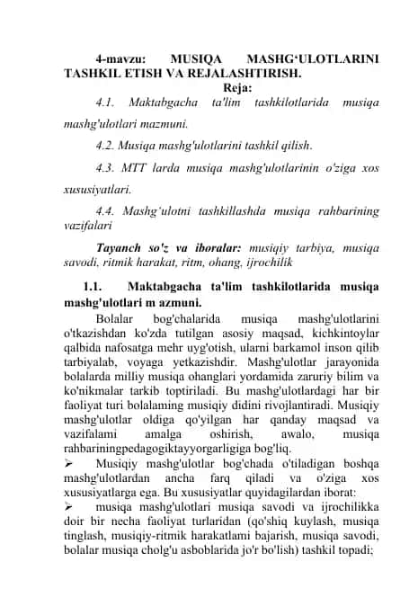 Musiqa mashg'ulotlarini tashkil etish va rejallashtirish