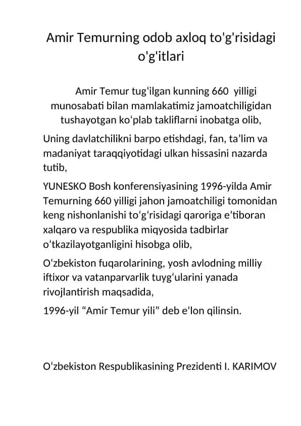 Amir Temurning odob axloq to'g'risidagi o'g'itlari