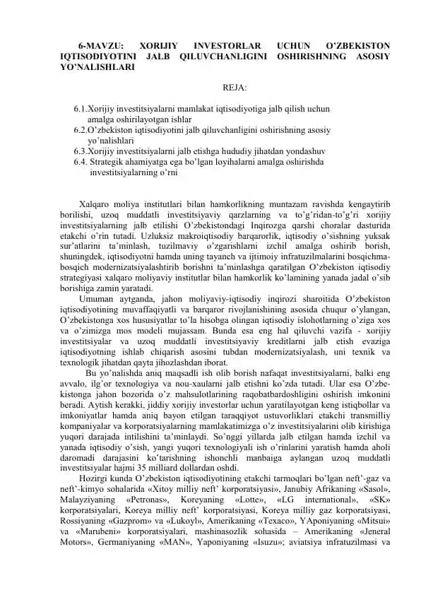 Xorijiy investitsiyalar uchun O‘zbekiston iqtisodiyoti