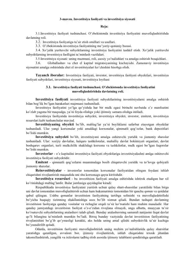 Investitsiya faoliyati va investitsiya siyosati