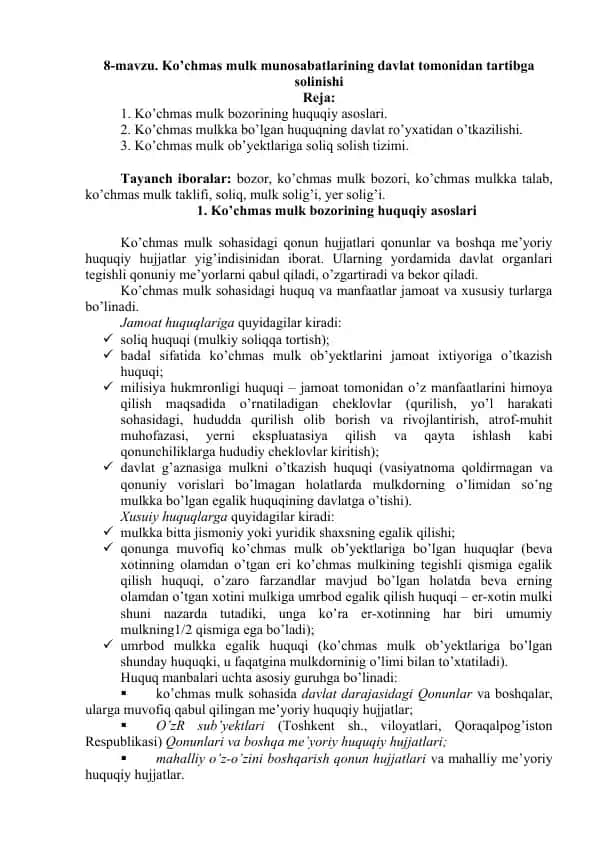 Ko’chmas mulk bozorining huquqiy asoslari