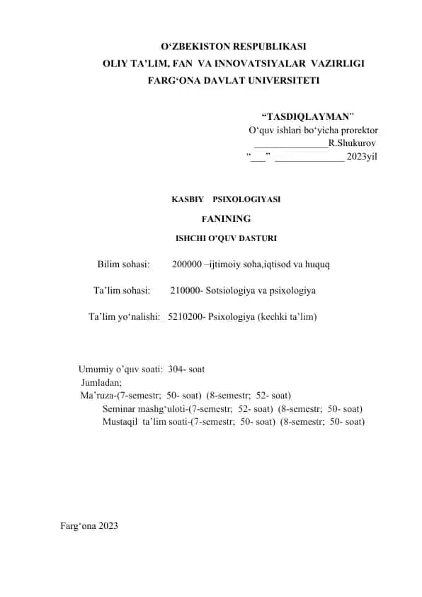 Kasbiy Psixologiyasi Fanining Ishchi O'quv Dasturi