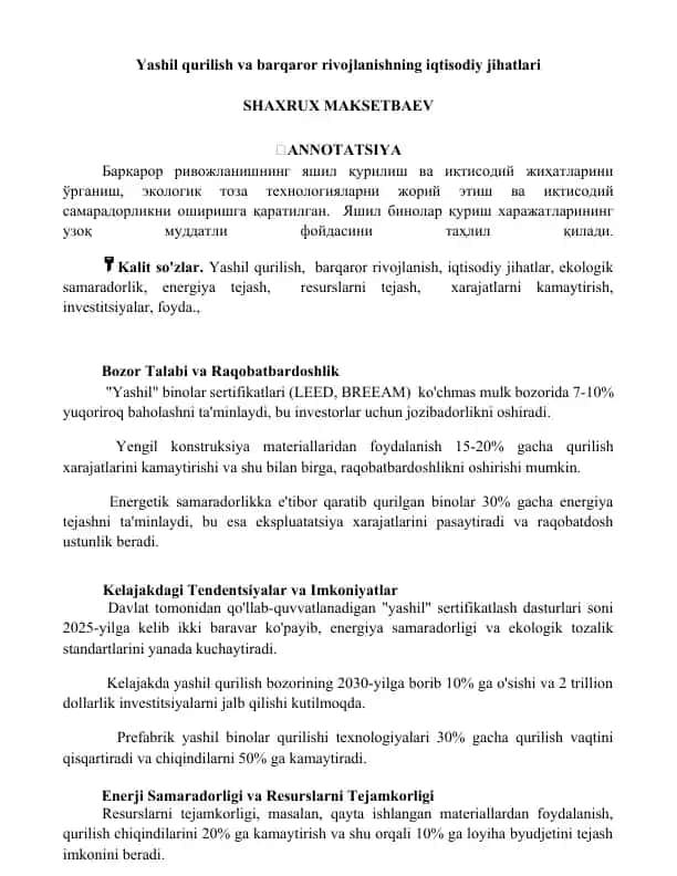 Yashil Qurilish va Barqaror Rivojlanishning Iqtisodiy Jihatlari