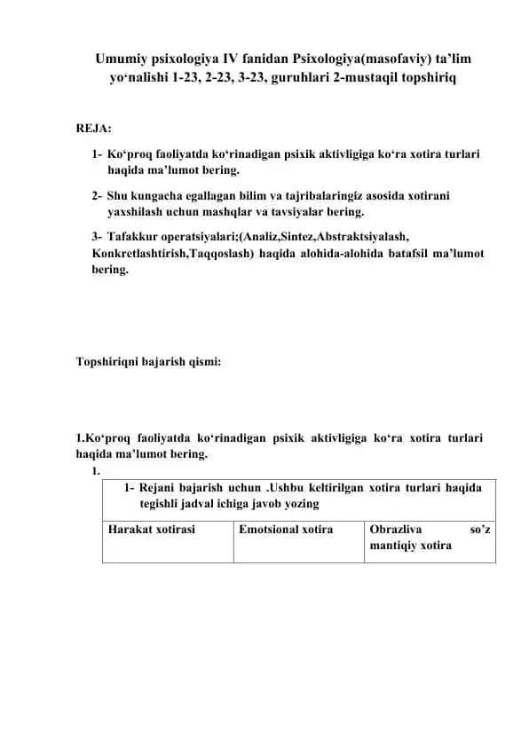 Umumiy psixologiya IV fanidan Psixologiya(masofaviy) ta’lim yo‘nalishi
