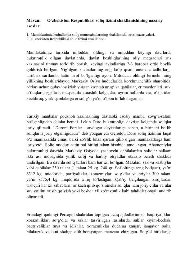 O‘zbekiston Respublikasi soliq tizimi shakllanishining nazariy asoslari