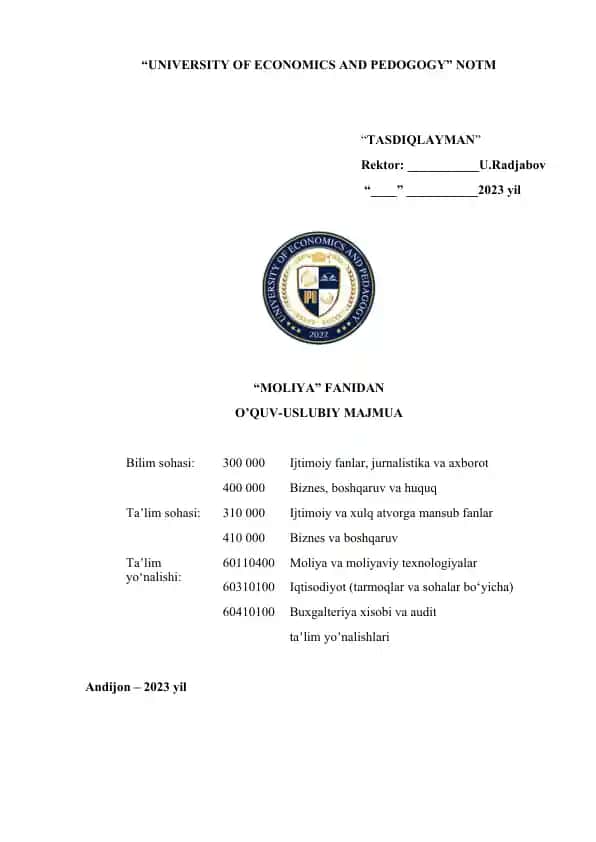 O'quv-uslubiy majmua "Moliya" fanidan