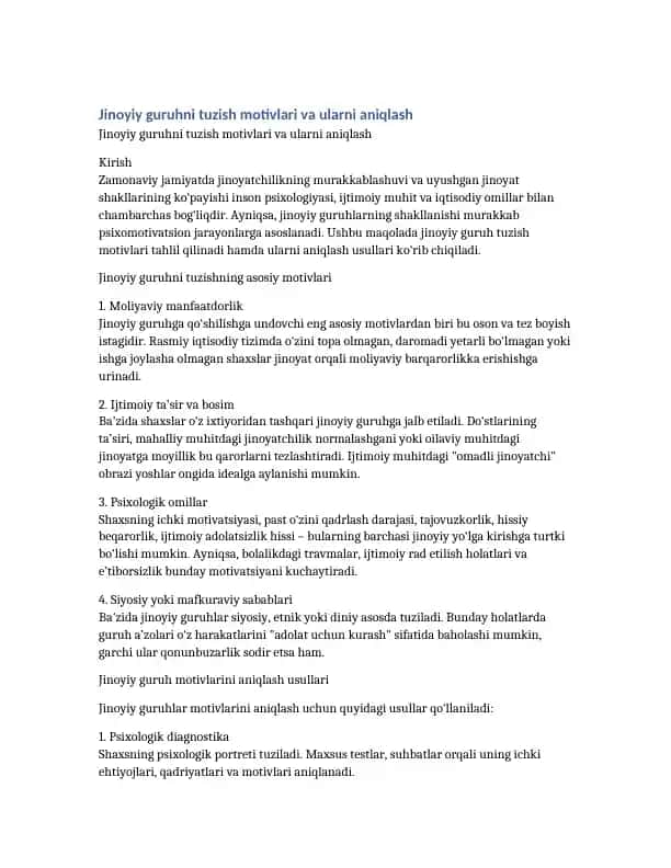 Jinoyiy guruhni tuzish motivlari va ularni aniqlash