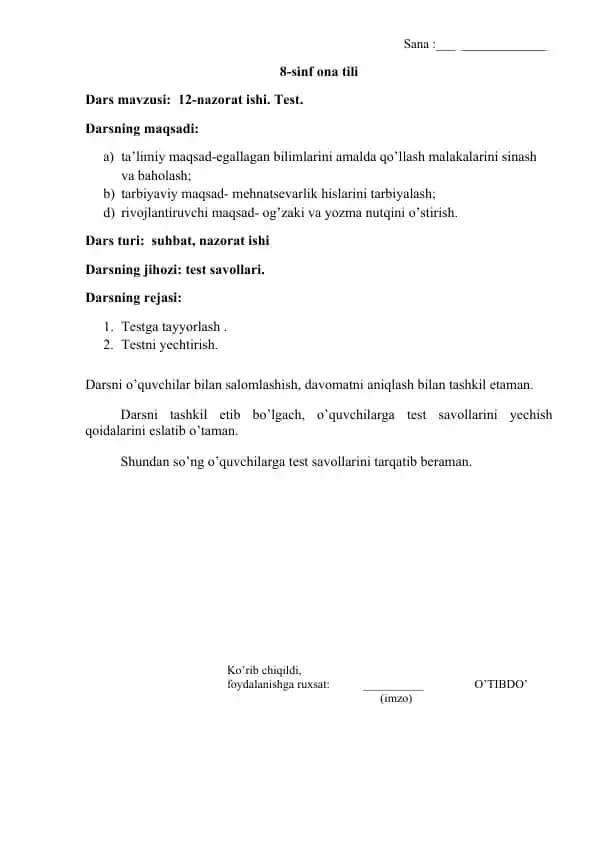 8-sinf Ona tili 12-nazorat ishi. Test.