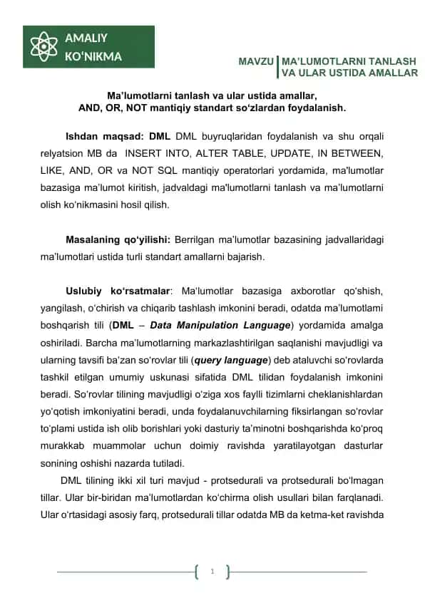 Ma’lumotlarni Tanlash va Ular Ustida Amallar