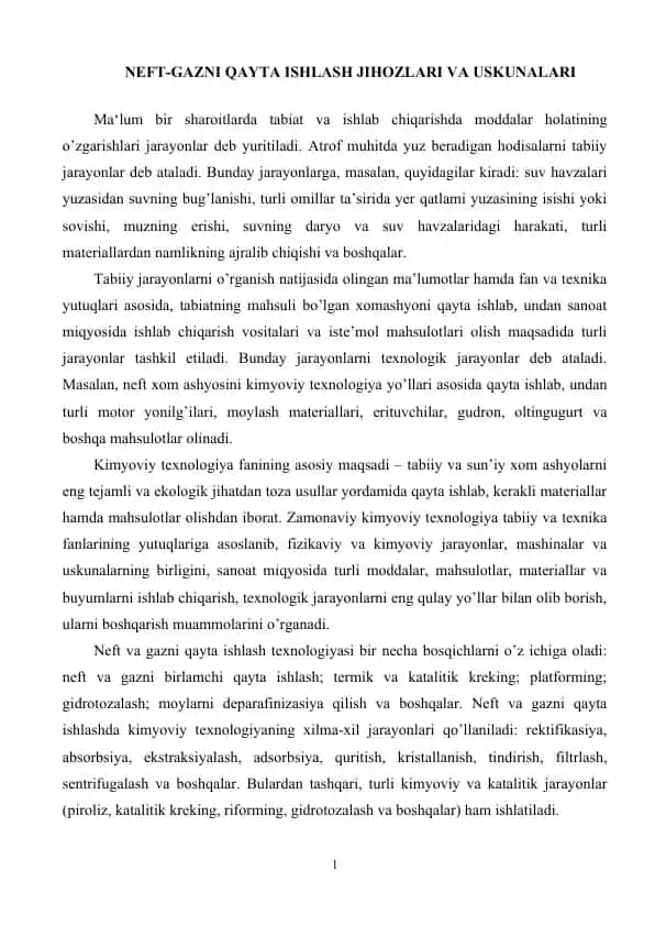 Neft-gazni qayta ishlash jihozlari va uskunasi